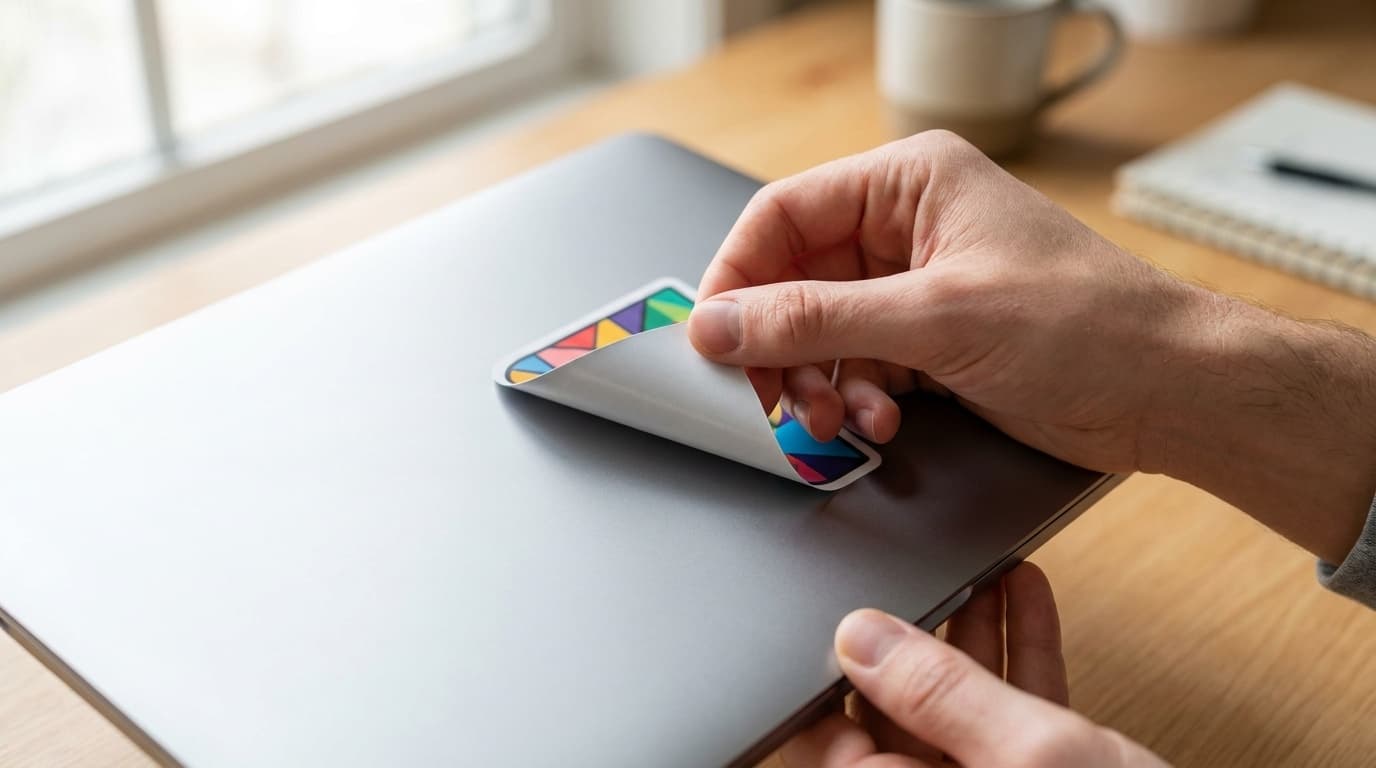 Hands slowly peeling a colorful vinyl sticker back over itself off a laptop lid, leaving no residue
