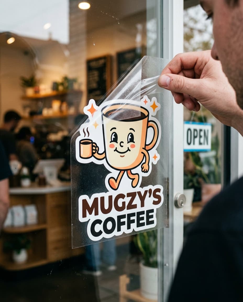 Full-color printed logo transfer sticker cut to shape and applied to a glass door