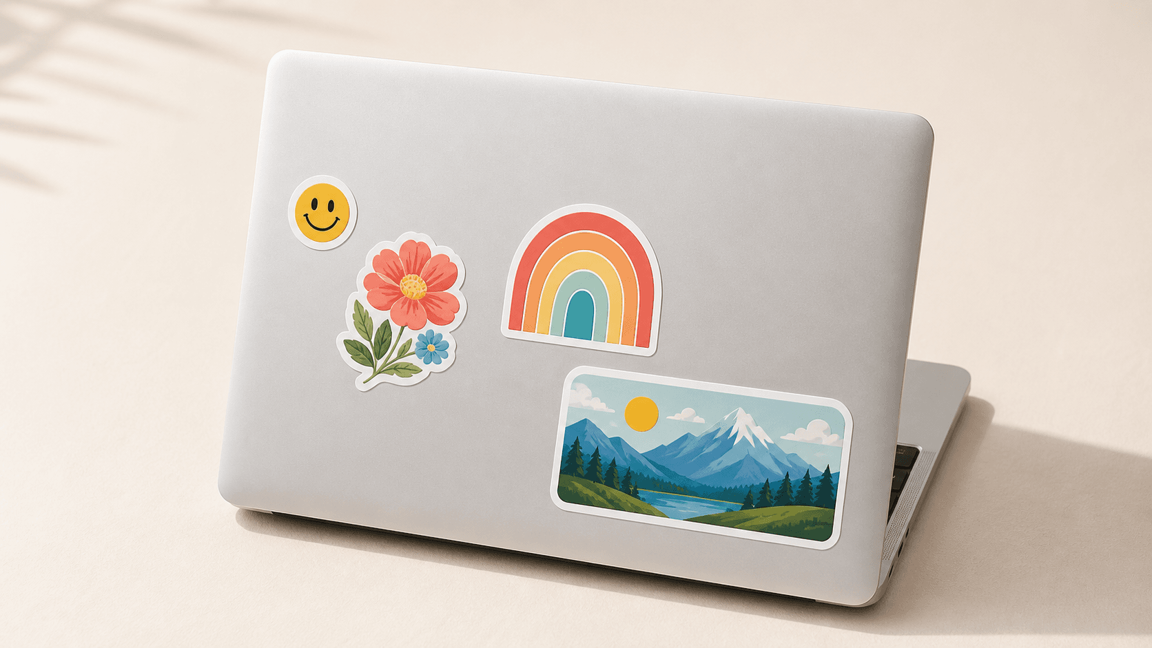 Four die cut stickers in different sizes applied to a laptop lid