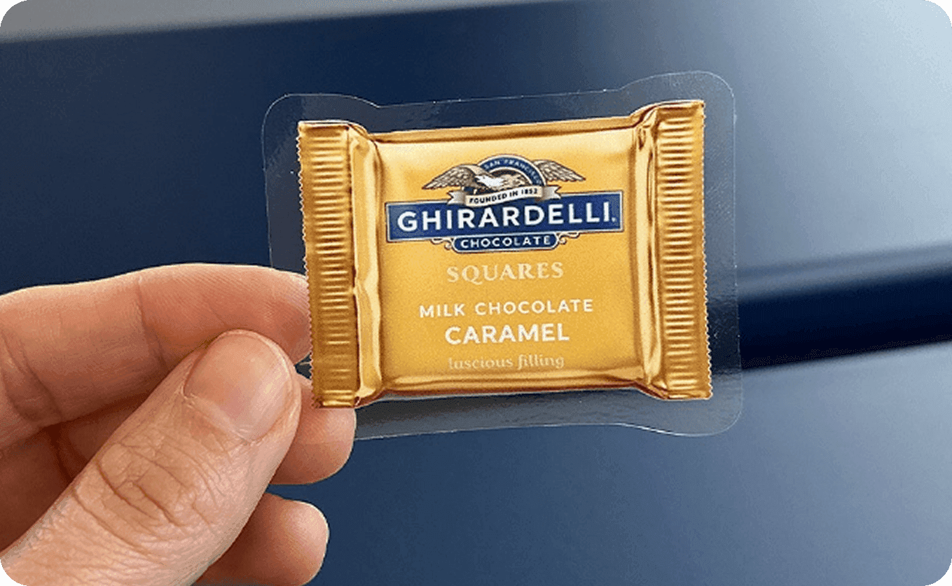 Clear product stickers for Ghirardelli caramel chocolates