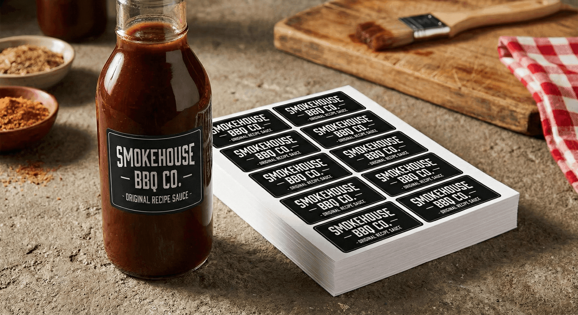 Sheet of rectangular product labels sized to fit a sauce bottle
