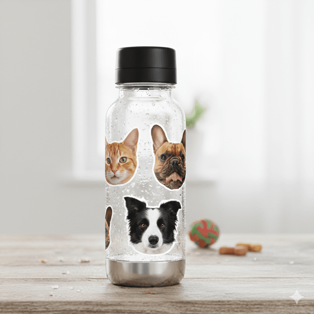 Pet face stickers on a water bottle