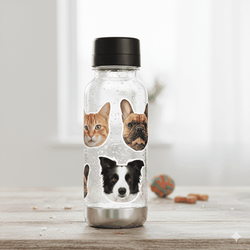 Pet face stickers on a water bottle
