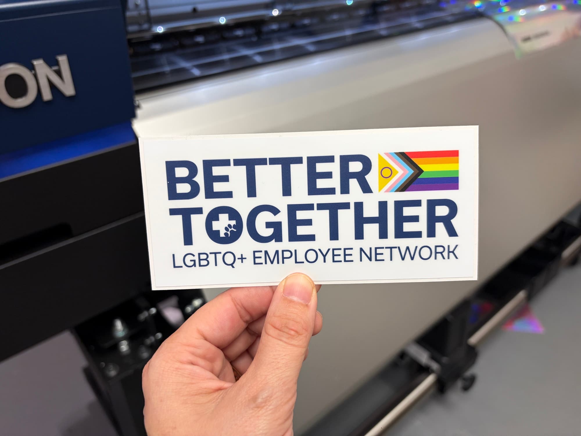 Better Together LGBTQ+ Employee Network rectangle sticker with an intersex-inclusive progress flag