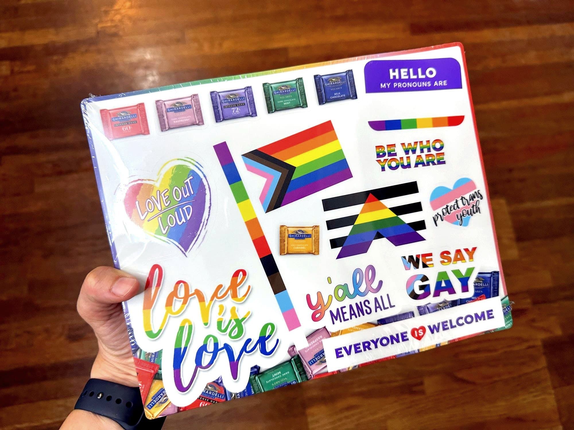 A Ghirardelli Pride sticker pack with chocolates, made for San Francisco Pride
