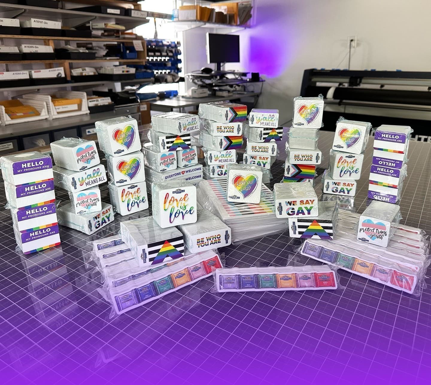 The full Ghirardelli Pride run packed on the studio table