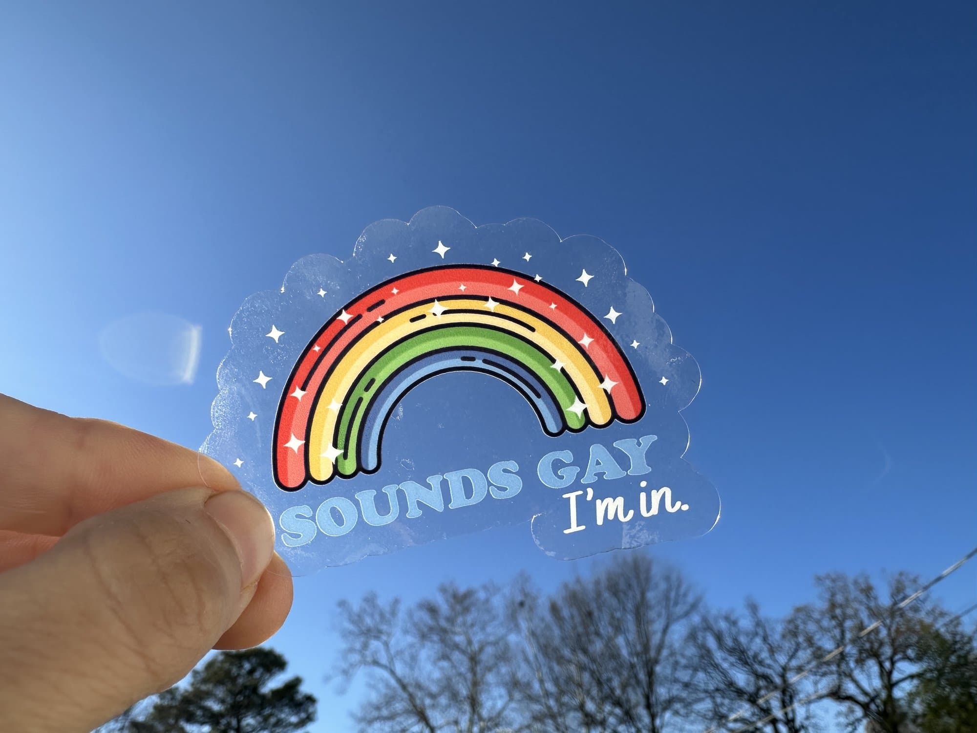 A clear 'Sounds gay, I'm in' rainbow sticker held up against the sky