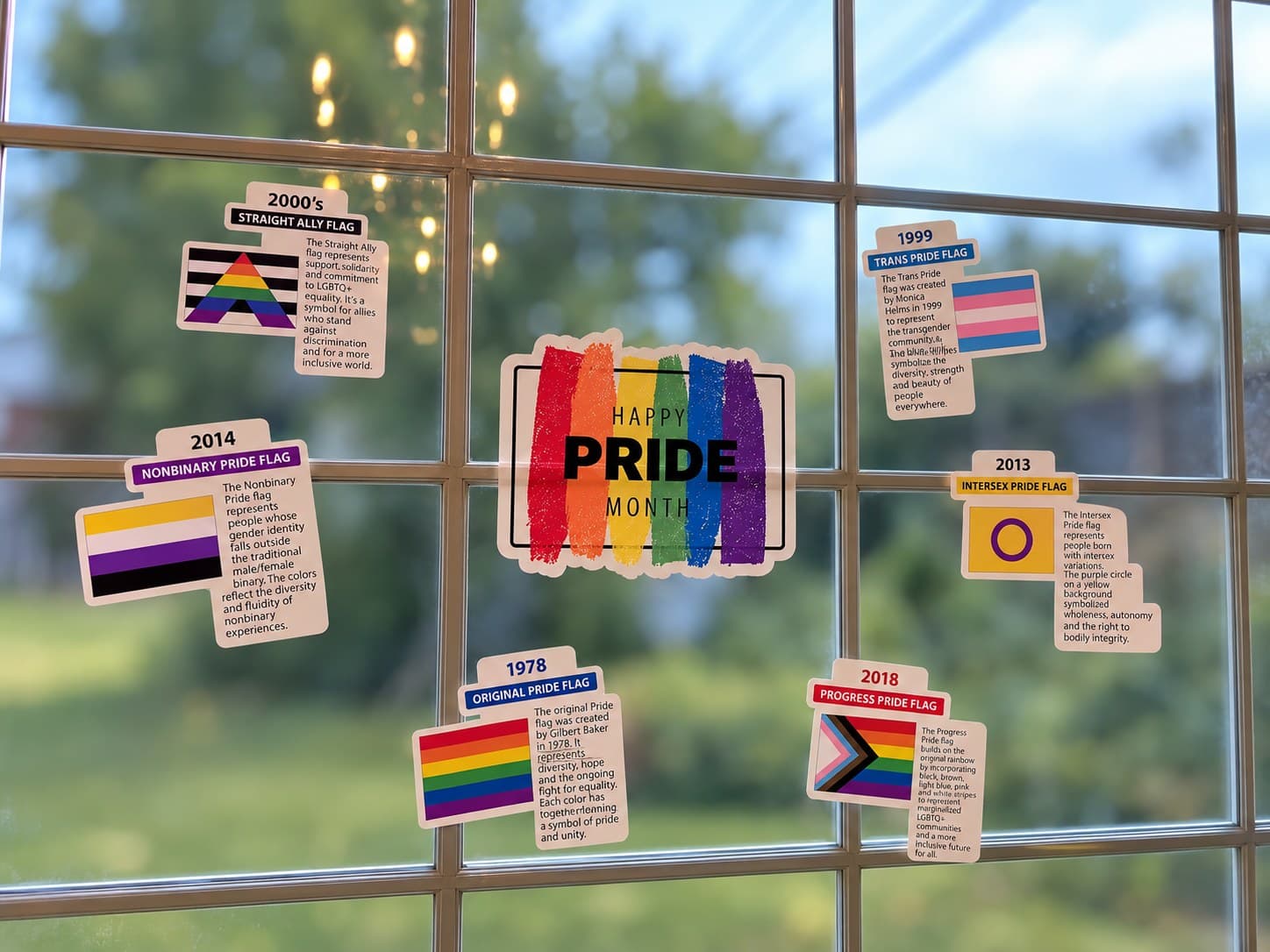 Static cling Pride display on a Starbucks store window: a Happy Pride Month centerpiece surrounded by six Pride flag history cards
